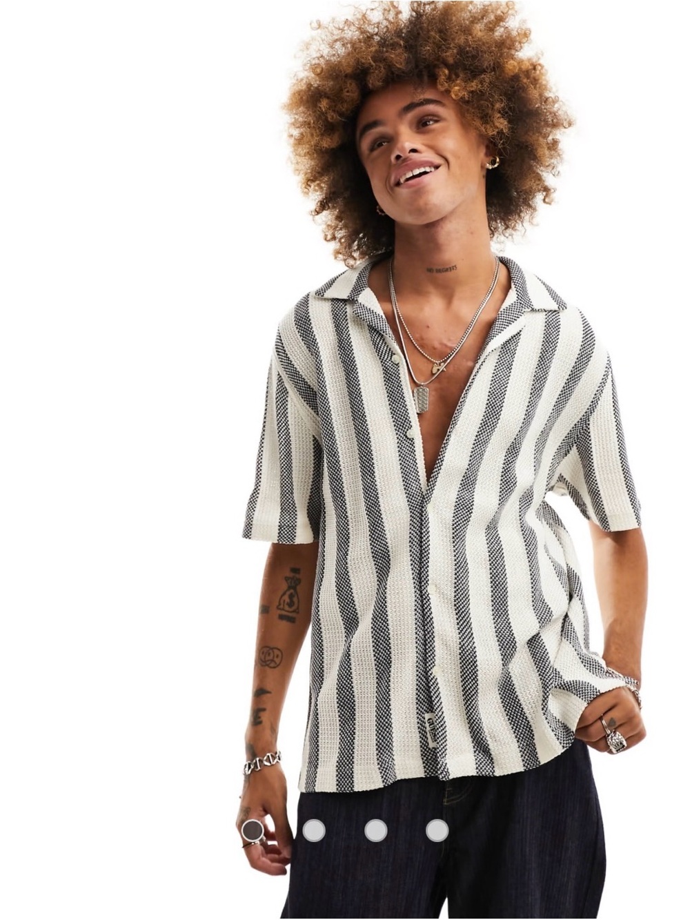 NWOT GUESS Originals open knit short sleeve shirt in white/black stripe, Size M